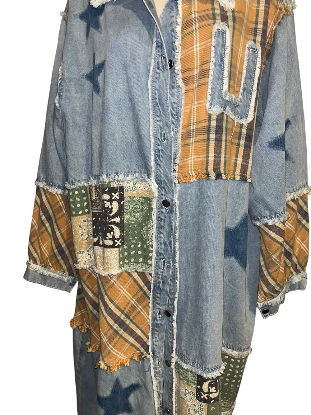 POL S Patchwork Denim & Plaid Long Coat with Star Accents - Picture 2 of 6
